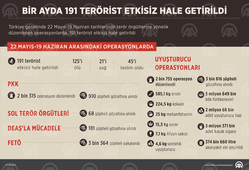 Bir ayda 191 terörist etkisiz hale getirildi