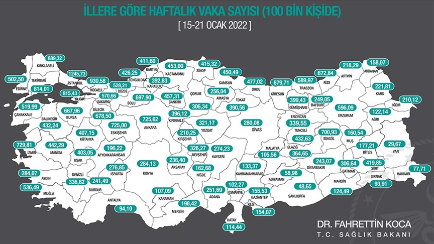 Kovid-19 vaka sayısı İstanbul'da 1245,73, İzmir'de 729,81, Ankara'da 725.62 oldu