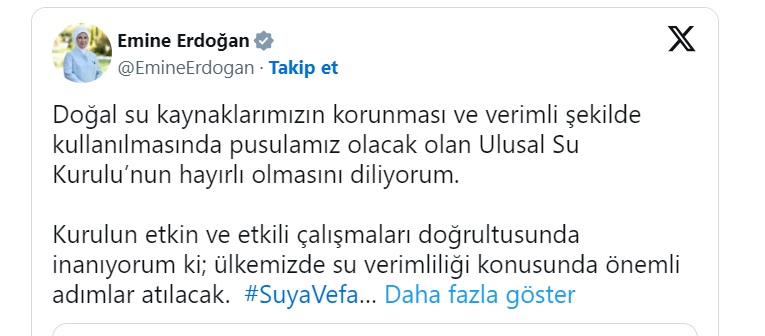 Emine Erdoğan'dan "Ulusal Su Kurulu" paylaşımı