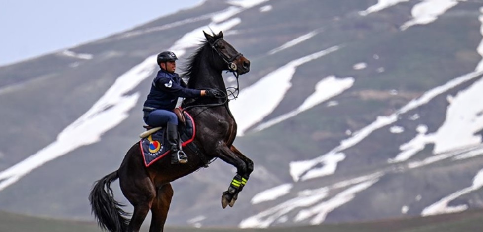 Atlı jandarma timi sınır hattındaki arazilerde devriyede