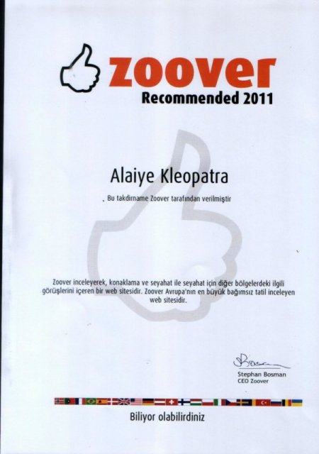 Alaiye Kleopatra Hotel, Zoover 2001 Ödülü Aldı