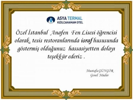 Asya Termal, israf etmeyen müşterilerine teşekkür belgesi veriyor