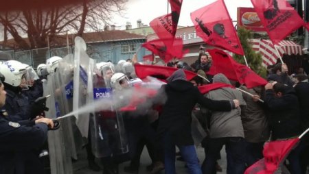 Bayrak sopalarıyla polise saldırdılar