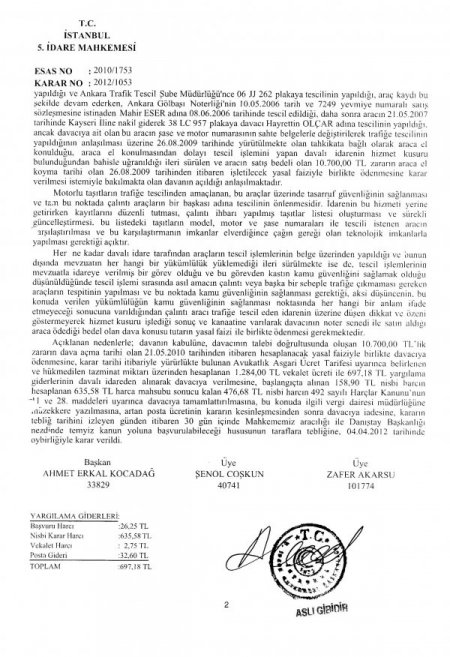 Çalıntı aracı tescil eden idare suçlu bulundu