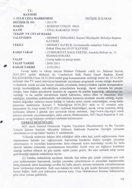 Chp’ye Kayseri Büyükşehir Belediyesi’nden Tekzip