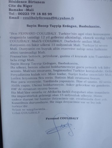 Coulibaly'den Başbakan Erdoğan'a yardım mektubu