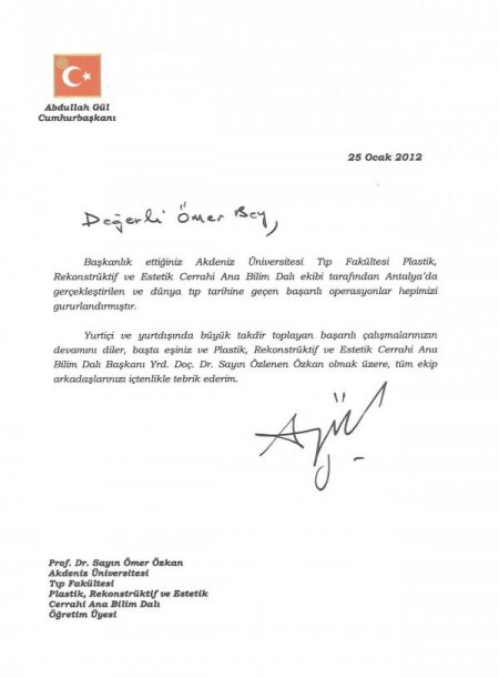 Cumhurbaşkanı Gül, Yüz Naklini Yapan Ekibi Mektupla Tebrik Etti