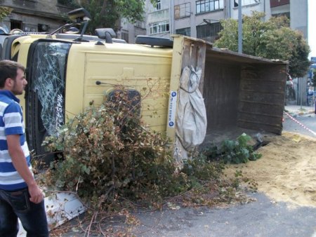 Freni boşalan kamyon incir ağacını devirerek yola uçtu