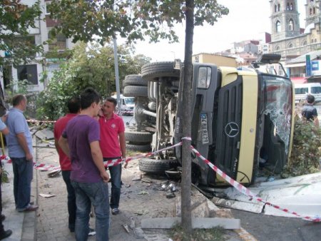 Freni boşalan kamyon incir ağacını devirerek yola uçtu