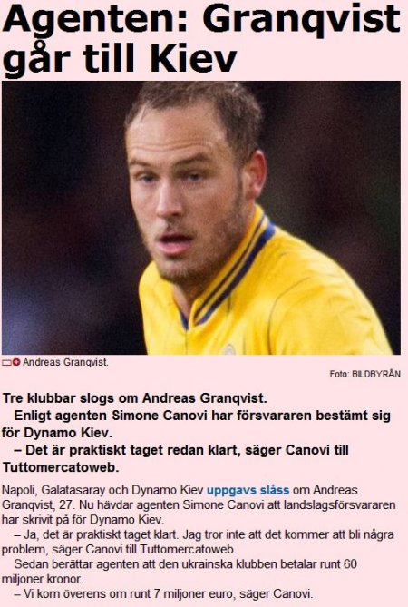 Galatasaray'ın da istediği Andreas Granqvist Dinamo Kiev’e gitti