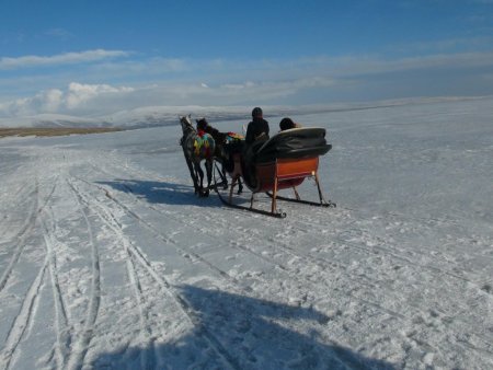 Göl erimedi, atlı kızak keyfi devam ediyor