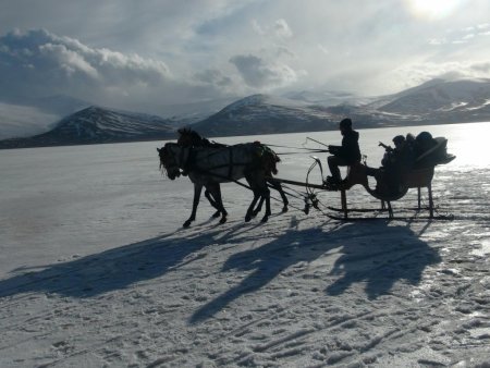 Göl erimedi, atlı kızak keyfi devam ediyor