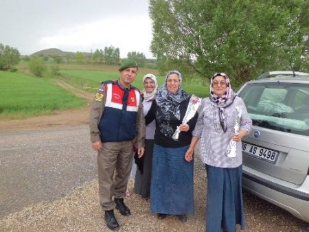 Jandarmadan annelere karanfil ve çiçek