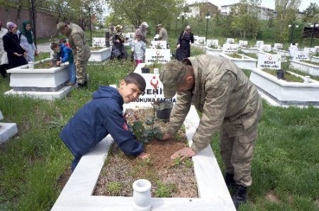 Korunmaya muhtaç çocuklar, şehit mezarları üzerine gül fidanı dikti, dua etti