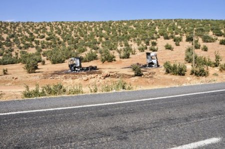 PKK'lılarca yakılan TIR'lar yol kenarında