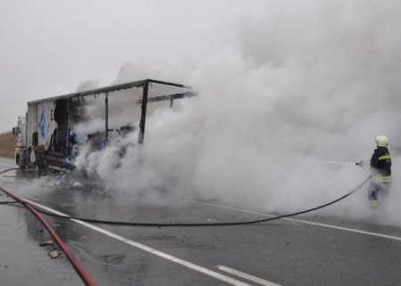 Seyir halinde tekeri patlayan TIR alev alev yandı