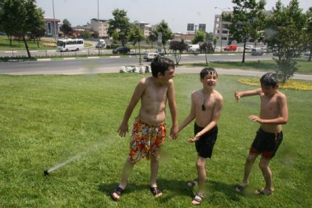 Sıcaklardan Bunalan Çocuklar Çim Sulayan Fıskiyelerin Altına Girerek Serinliyor