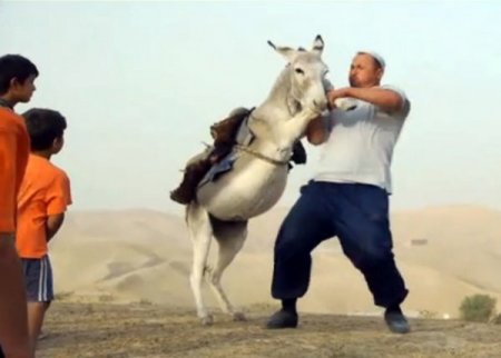 Sırtında eşekle antrenman yapıyor