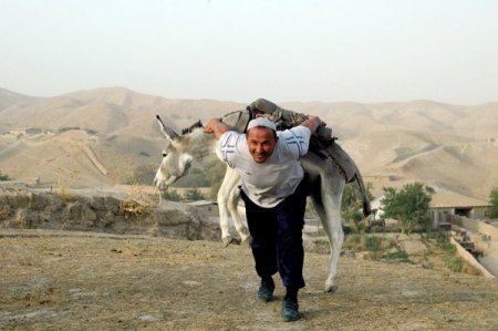 Sırtında eşekle antrenman yapıyor