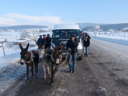 Soğuktan donan minibüsü eşekle çektiler