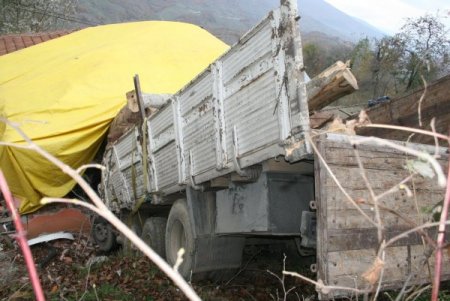 Tomruk yüklü kamyon eve girdi