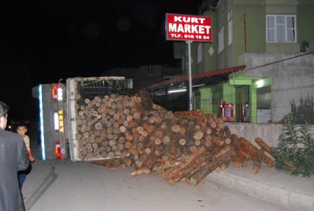 Tomruk yüklü TIR devrildi, facianın eşiğinden dönüldü