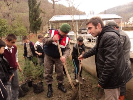 Ulus Zafer İlkokulu bahçesinde fidanlar toprakla buluştu